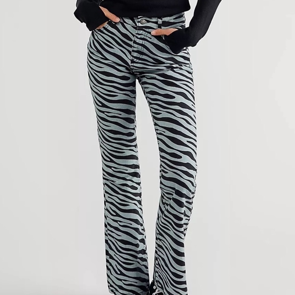 Milk It Zebra Print Raw Hem Flare Jeans